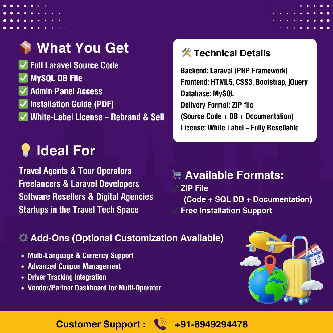 Tour and Travel Portal with Admin Panel – White Label Source Code (PHP Laravel)